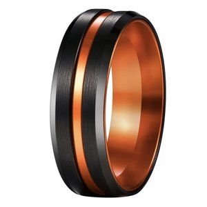 Mens Orange Tungsten Wedding Band 8mm. Orange & Black Matte Finish Tungsten Ring